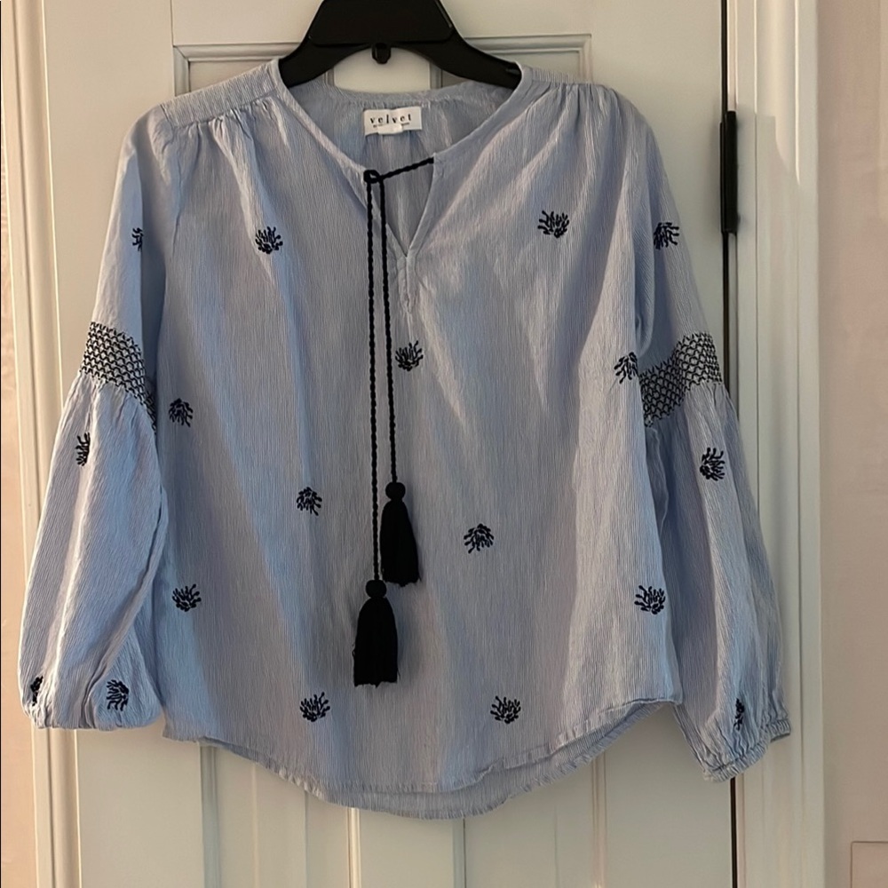 Velvet by Graham & Spencer Blue Relaxed Tie Front Blouse